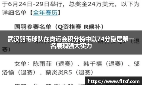 武汉羽毛球队在奥运会积分榜中以74分稳居第一名展现强大实力